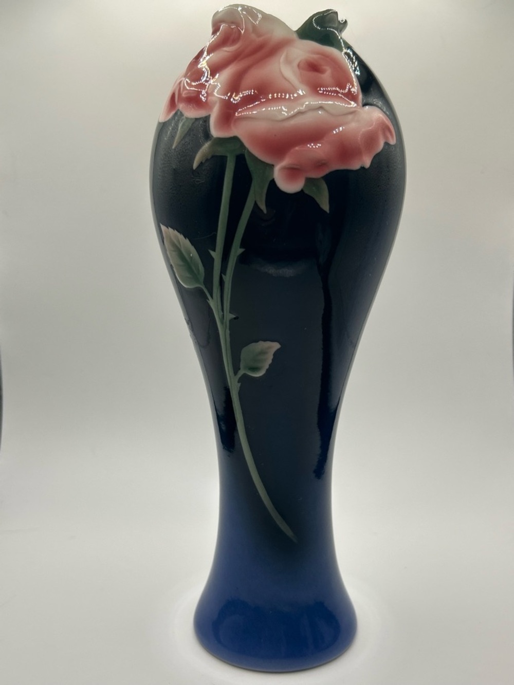 Franz Tall Blue Porcelain Vase with Pink Rose
